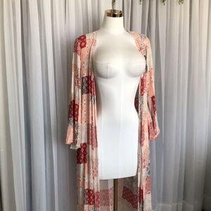 Chic Patchwork Kimono Robe in Red and Cream